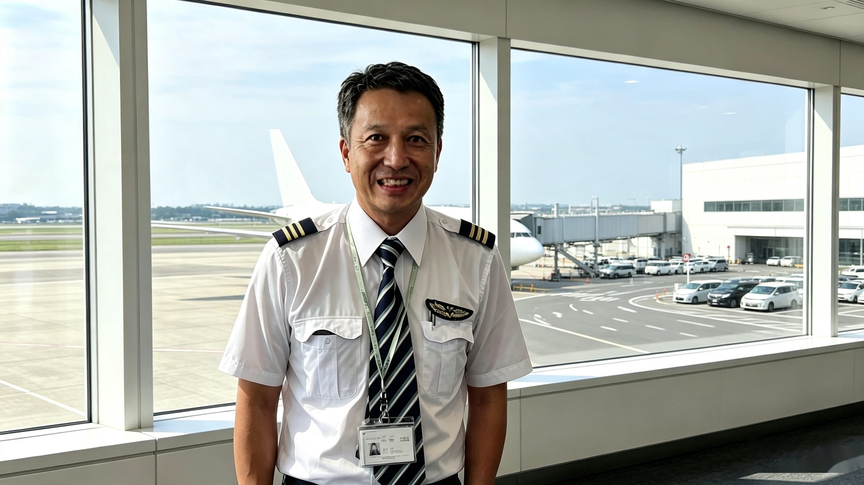 空港のターミナルで、駐機中の航空機を背に立つパイロット姿の曲田和史