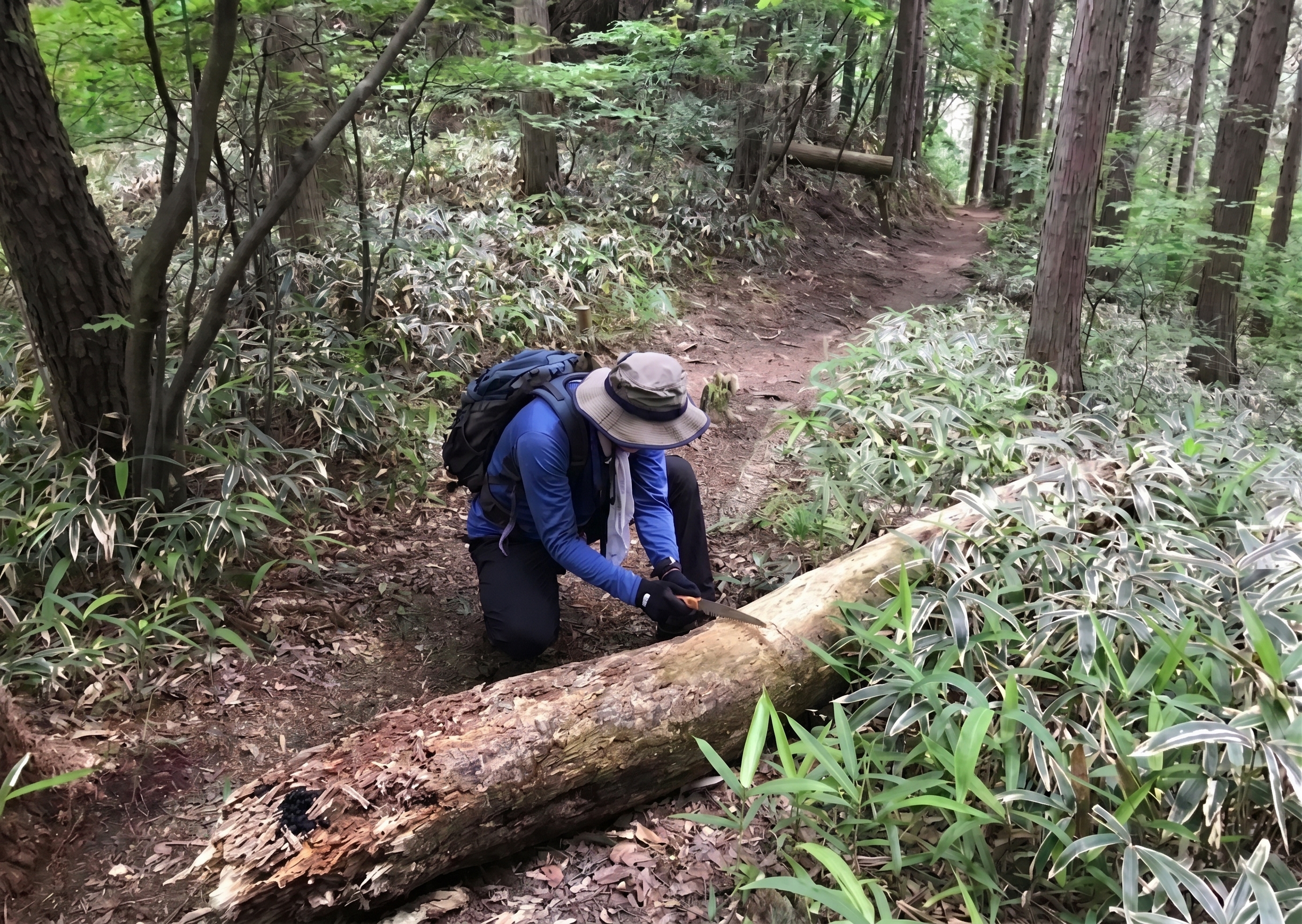 山道に倒れた木をのこぎりで整備するボランティアのようす